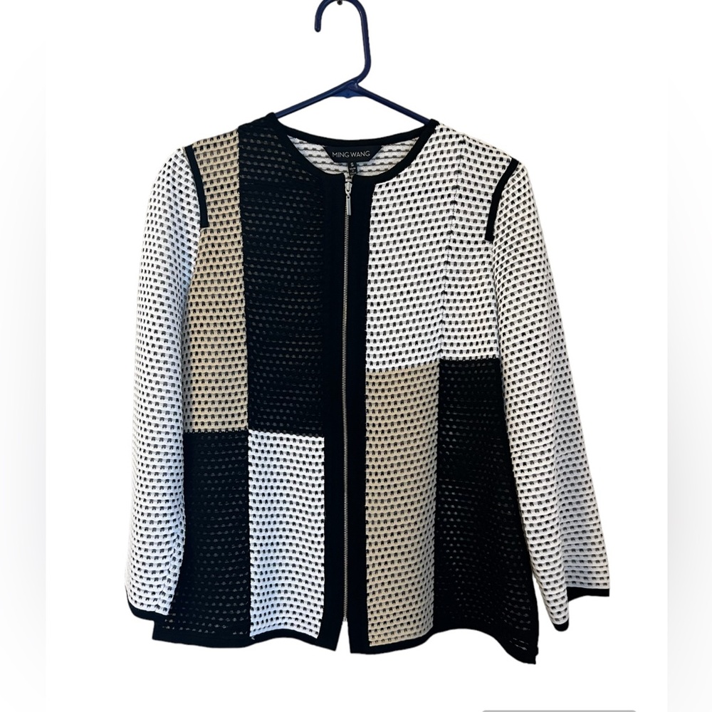 Ming Wang Cardigan Sweater Women S Acrylic Open Weave Full Zip Jacket Colorblock